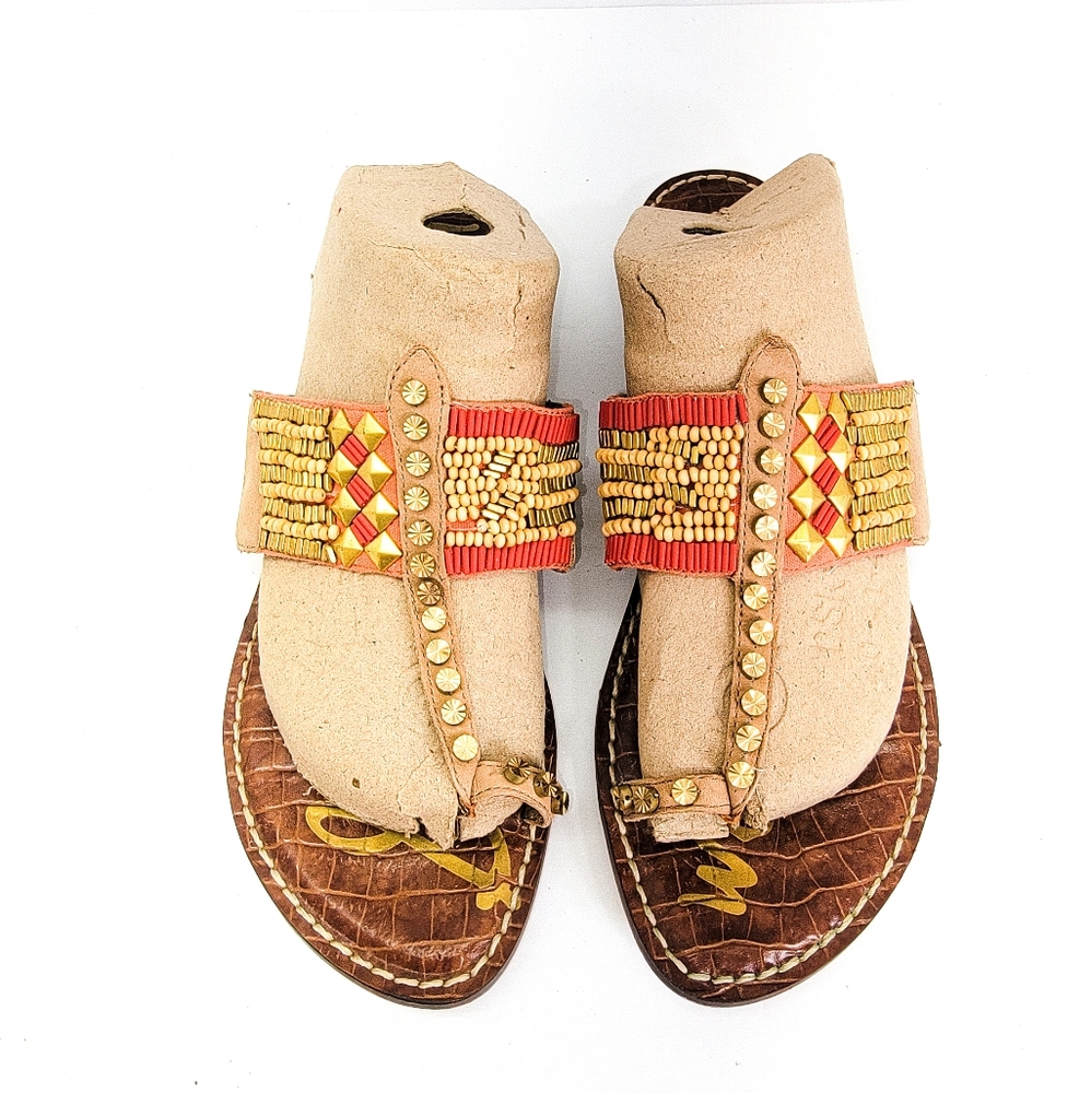 Sam Edelman Gideon Women Sz.8 Leather Melon/Gold Wrap Toe Slip On Flat Sandal